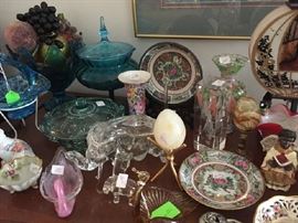 Asian plates, aqua blue candy dish, glass elephant, waxed fruit 