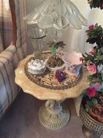 Round marble top end table, crystal table lamp 