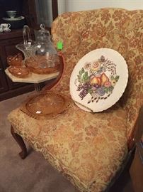 Antique wing back chair, Amberware, 