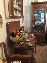Just the right size of china cabinet, serving cart, silver plate 