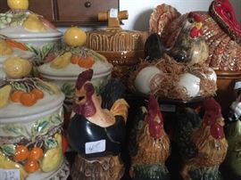 and some more roosters, vintage canister set, turkey casserole dish 
