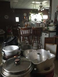 Pots and pans, swivel bar stools, 