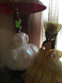 Lusterware table lamp, vintage dolls