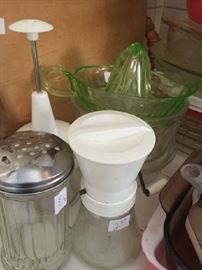Green depression glass juicer, nut cruncher, 