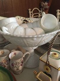 Milk glass punch bowl with cups 