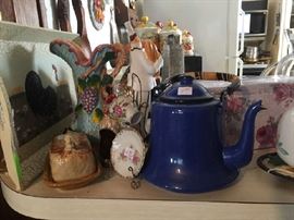 Blue tea kettle, butter dish 