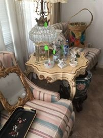 Vintage side chairs, French Provincial occasional table, glass table lamp