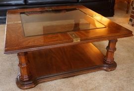 Wood, brass, glass coffee table