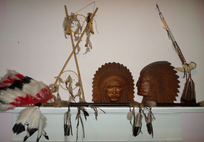 Interesting collection of Native American items. The large hand carves wood Indian heads are signed and dated Dec 1952