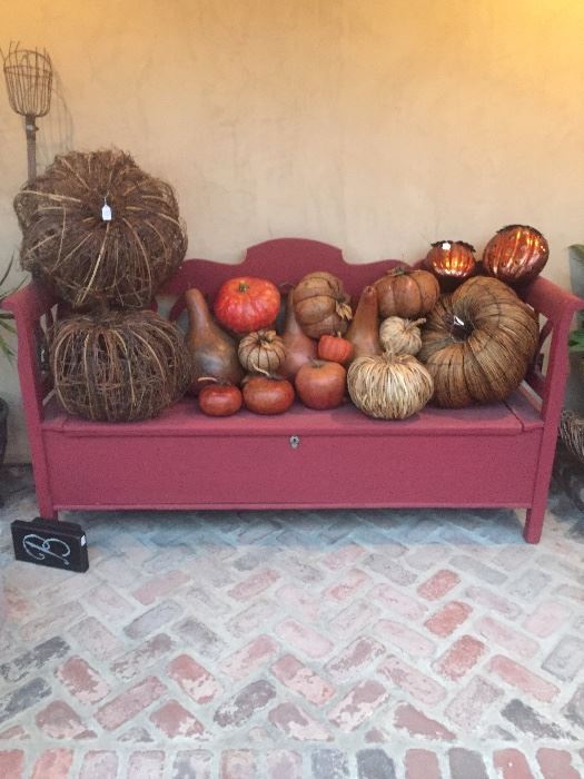 Lots of gourds and pumpkins, many not shown here. bench not for sale. set of 3 lighted vine pumpkins