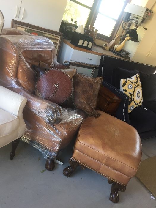 Large leather chair and ottoman.