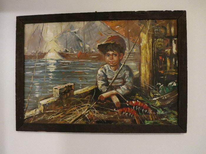 Precious Little Boy Fishing Picture, Oil On Canvas