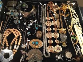 ~Jewelry Names: Giovanni, Bergamot, Bulova, Reinad, Croton,
Whittnauer, Napier, Jomaz, Richelieu, Trifari, Trifari Crown, Krementz, BM, Lenox and Uncas (w/ Arrow).. also Florenta Of California, Kenneth J. Lane, Paolo Gucci, Miriam Haskell and J.J.. a Piaget "Dancer" 18K Uni-Sex Watch (NOT KEPT on Premises) to Rodenstock "Supersonic" Sunglasses. Some Sterling Silver, Carved Bone to Native American Indian and Jewel Art.
