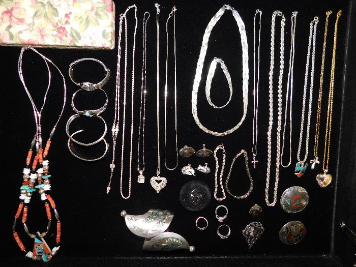 Multiple Sterling necklaces, bracelets and pins
