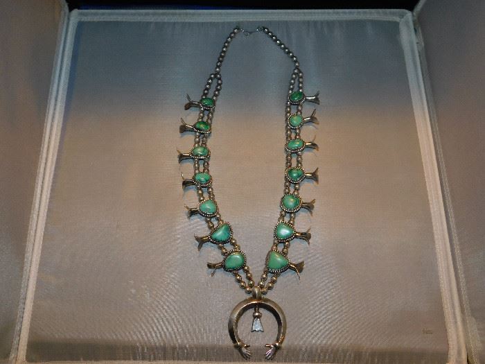 Sterling and Turquoise Squash Blossom necklace attributed to the early Tsosie family.