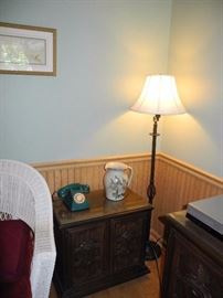 Floor lamp, teal phone, side table or night stand