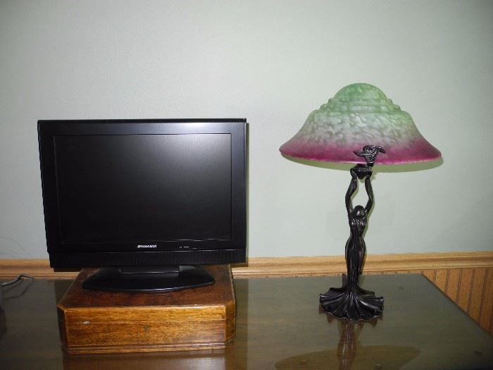 Art nouveau bronze lamp with glass shade