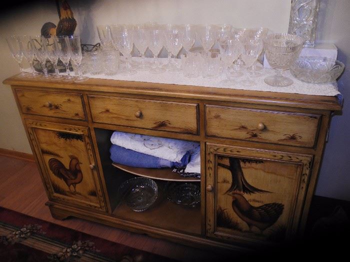 Rooster sideboard with crystal stemware