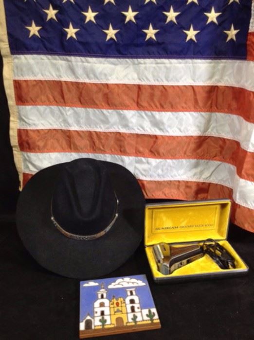 Vintage American Flag, Cowboy Hat, Southwest Tile and Man's razor