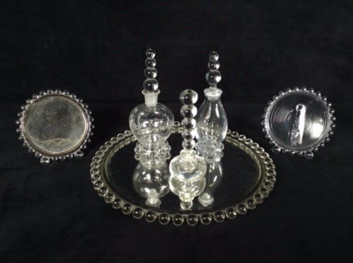 Rare Candlewick five bead perfume bottles, mirrors and tray. 