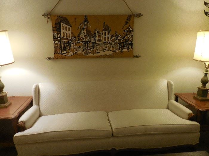 Mid Century Traditional Custom Made White Brocade Sofa