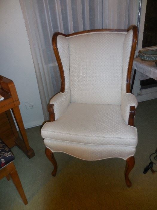 Mid Century Traditional Wing Back Chair. Custom White Fabric Brocade. Mahogany Frame