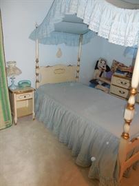 60's White/Gold Young Girls Bedroom.Twin Canopy/Headboard/Foot Board. Mattress Box Spring. Blue Eyelet Canopy/Bed Slip and Dust Ruffle