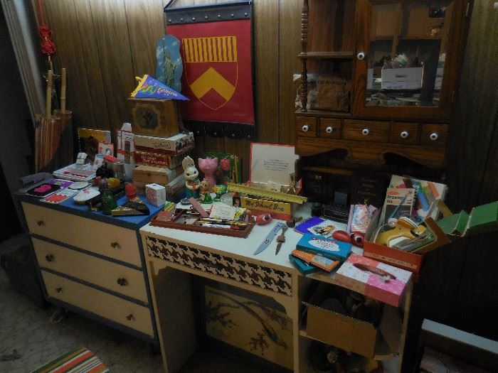 Vintage School Supplies, Cigar Boxes, Pencils, Rulers.Vintage Hand Painted Desk,3 Drawer Chest