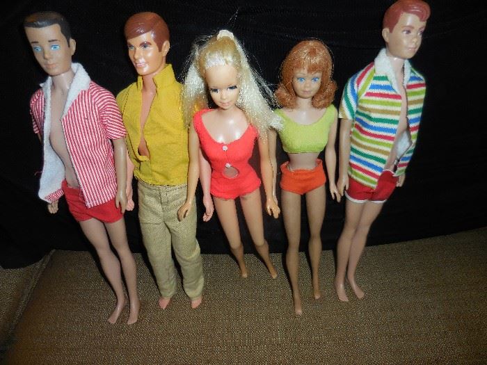 Original Vintage Dolls. Ken, Live Ken, Stacey, Midge, Allan. All in Original Swimsuit. 