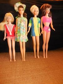 Vintage Skipper, Francie, Twiggy, Standard Barbie.All in Original Bathing Suits/Dress. Except for Francie, But she is in Mod Francie Outfit.