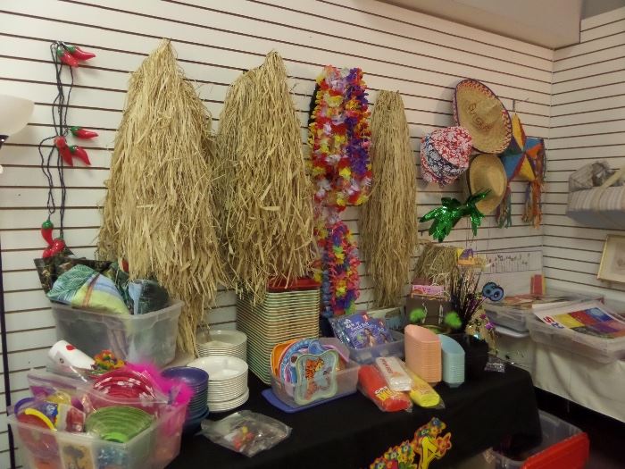 Lots of party themed items, cafeteria trays, table top Tiki Hut, and more!
