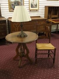 Antique round table and lamp. 
