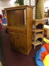 Storage cabinets, wicker end tables