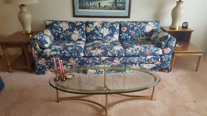 Blue floral sofa - $50   Now $25   Oval table sold