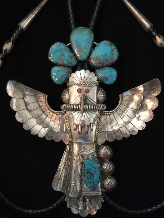 Jerry Roan Native American Kachina Bolo Tie in Shadow Bow.  Navajo / Hopi? 7"tall x 5" wing span.