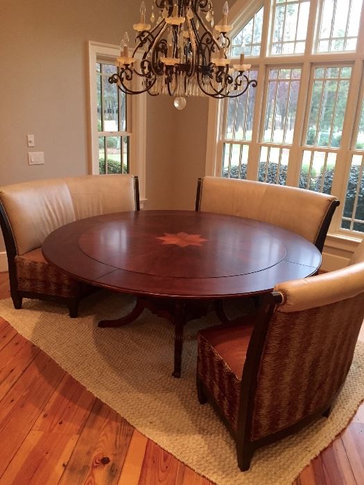  The 3 leather/hide banquette seats are for sale (but not the dining table)