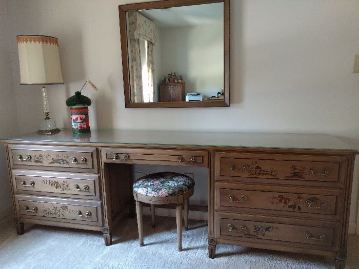 Lovely MCM bedroom set, by the Burns Case Goods Corp., Jamestown, NY, made expressly for Schenley Luray Phyta. It seems to be slightly Asian/French Provincial, with hand painted Asian scenes, very understand, but elegant.