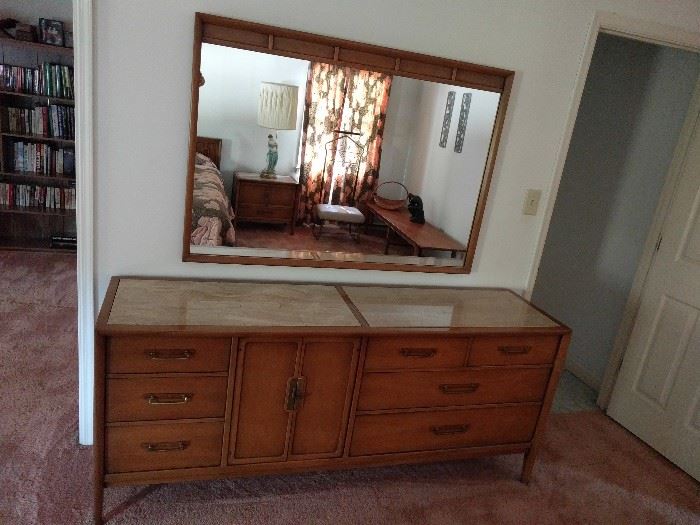 The dresser and mirror are exceptional Drexel MCM pieces, perfect condition and topped with polished travertine. 