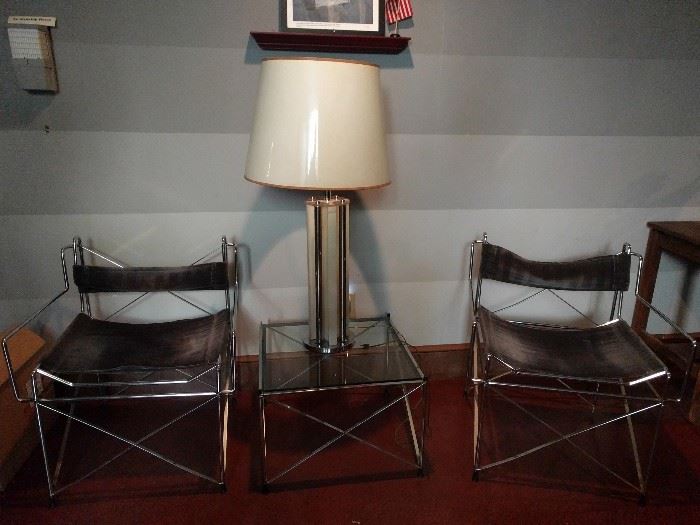 FABBY 3-piece MCM chrome chairs/table, in the style of Paolo Piva + cool, swanky lamp!