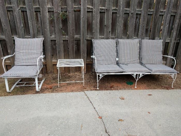 Vintage metal outdoor patio set, with couch, rocking seat chair and side table; all new cushions.