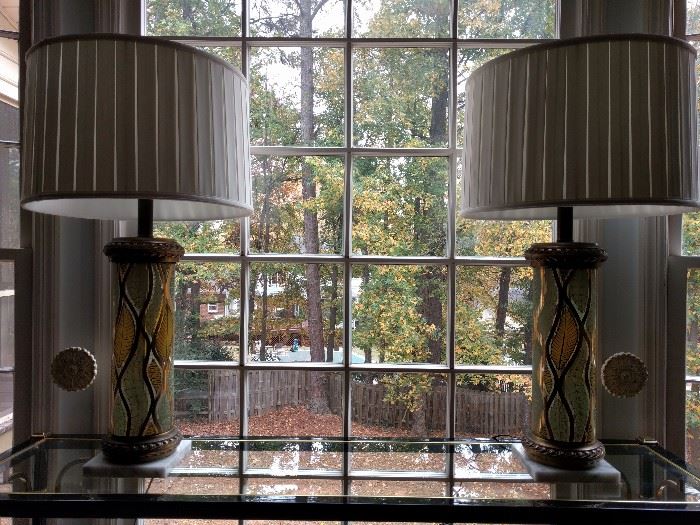 Amazing pair of MCM green/gold glass lamps on white marble bases. The original shades looked like a fire hydrant visited by local mongrels.                                These barrel shades cost me $100.00, so feel very sorry for me and come take these away...