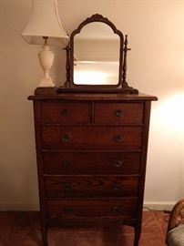 Vintage oak dresser, with vintage swivel shaving mirror, small marble table lamp.