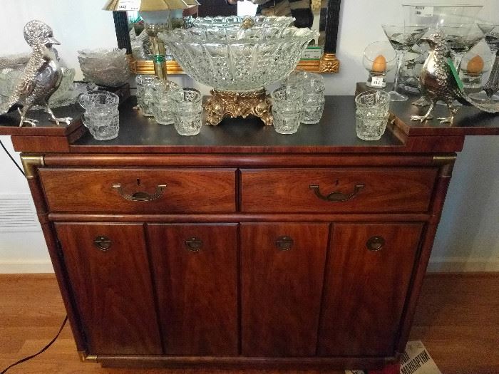 PTL Club-worthy 1950s Punch Bowl on gaudy brass stand, w/matching ladle & 18 cups.                               Sweet pair of vintage silverplated pheasants - they make a great holiday table!