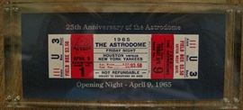 25th Anniversary of the Astrodome.
OPENING NIGHT - APRIL 9, 1965
Houston vs New York Yankees,
reverse side has box score of the game.
secured in thick plexiglass holder,
approx. 7.25" by 3.25" by 1" thick.