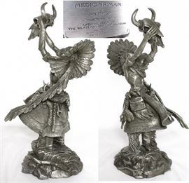 Jim Ponter Pewter Sculpture Medicine Man "Prayer to the Healing Spirit". Photo has view of front and back.(13"H x 4"W x 7"D)
