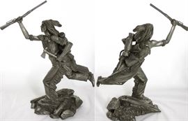 Jim Ponter Pewter Sculptures: "Cheyenne Brave" photo with front & back view (12"H x 10"W)