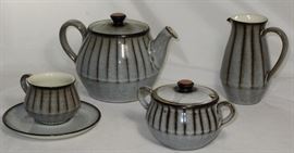 Denby-Langley "Studio" Serving Pieces: Teapot, Creamer, Sugar Bowl/Lid, shown with Cup & Saucer
