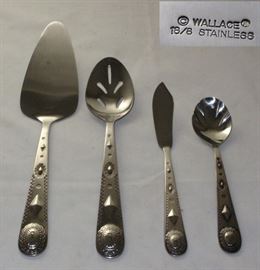 Wallace "Taos" Stainless Steel Serving Pieces: Pie Server, Slotted Spoon, Butter Knife and Sugar Shell