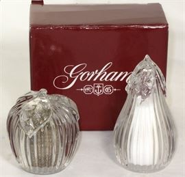 Gorham Crystal Apple (3"H) and Pear (4"H) Salt & Pepper Shakers with original box.