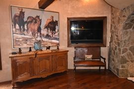 Sony Flat Screen TV, Tooled Leather Bench, Side Board, Ray Hare "Leaving Winter," Dave McGary Grandmothers Heirloom, Other Bronze Sculptures